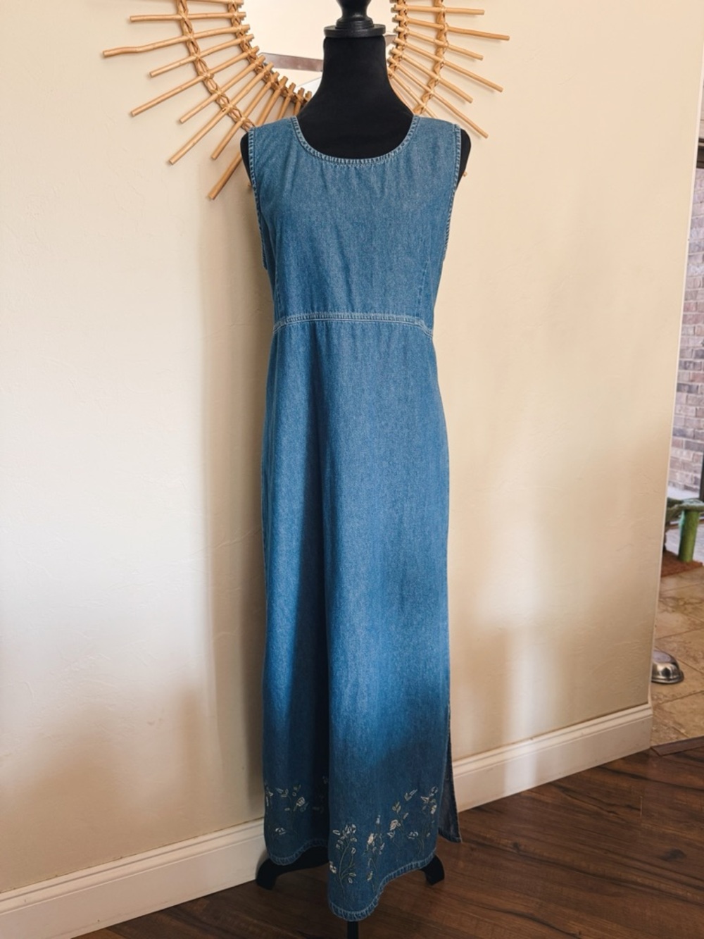 Sleeveless Denim Maxi Dress with Embroidered Hem